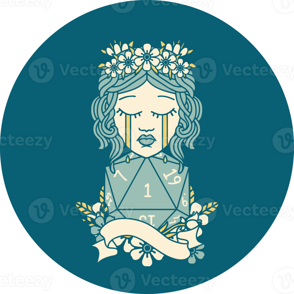 Retro Tattoo Style crying human druid with D20 natural one roll png