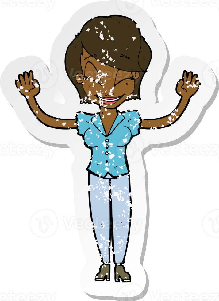 retro distressed sticker of a cartoon pretty woman with hands in air png