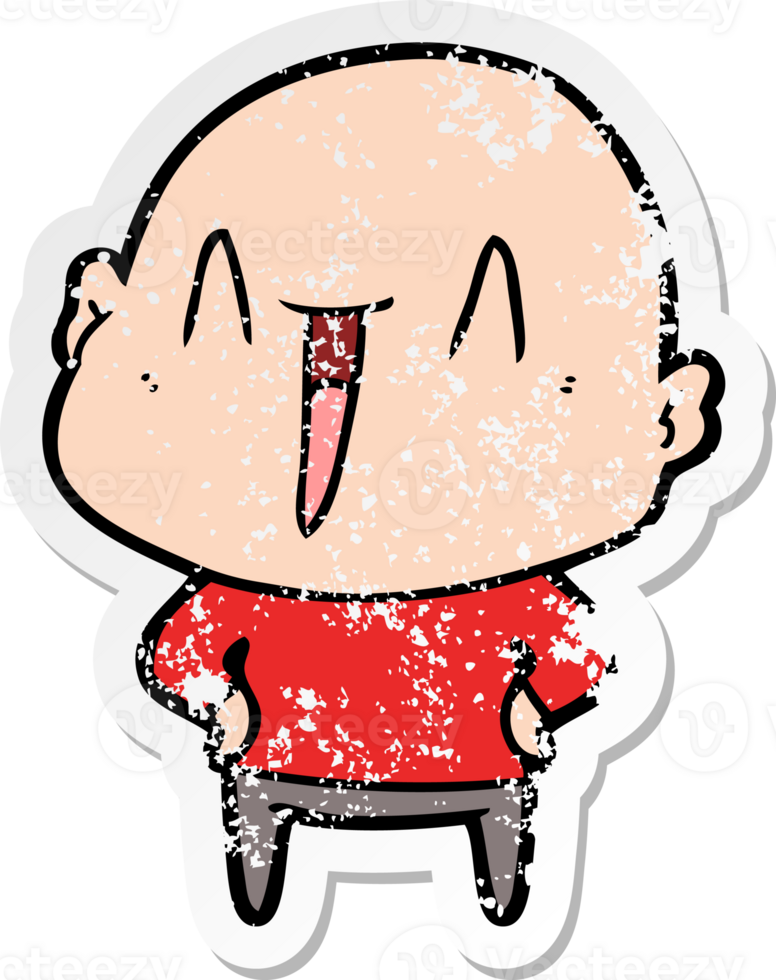 distressed sticker of a happy cartoon bald man png