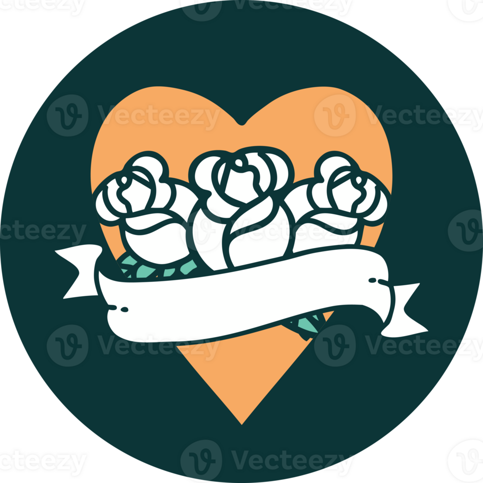 iconic tattoo style image of a heart and banner with flowers png