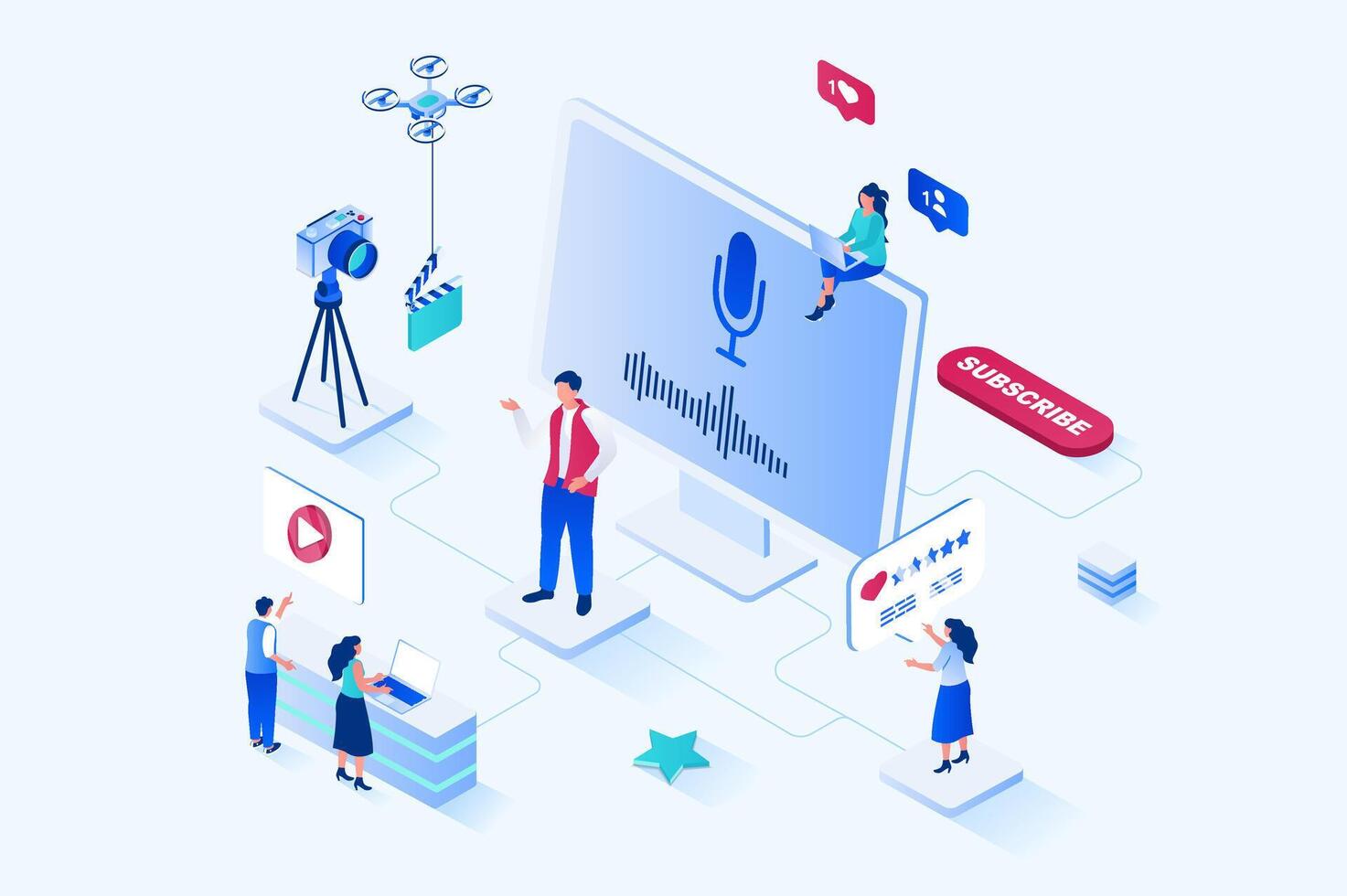 Blogging 3d isometric web design. People watch videos and subscribe to digital content, blogger recording and publishes videos on his channel, communicates with audience. web illustration vector
