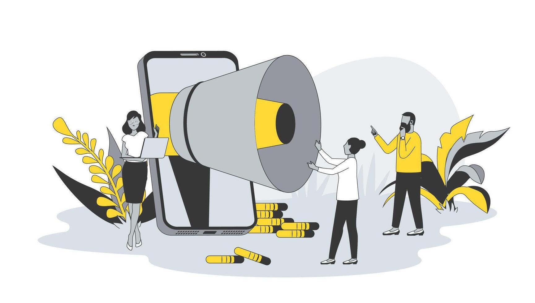 Marketing concept in flat design with people. Woman with megaphone making advertising campaign, attract new customers and convert into sales. illustration with character scene for web banner vector