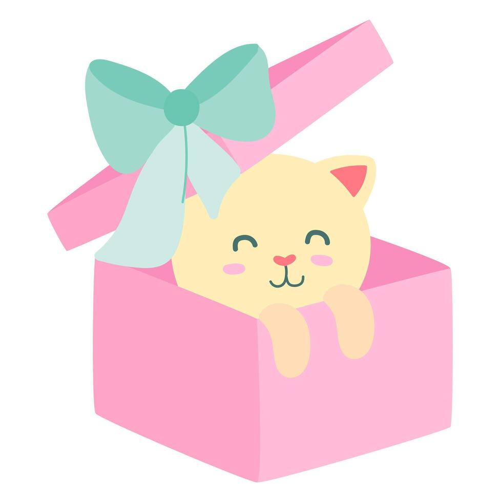 Cute kitty in gift box in flat design. Adorable cat present at Valentine day. illustration isolated. vector