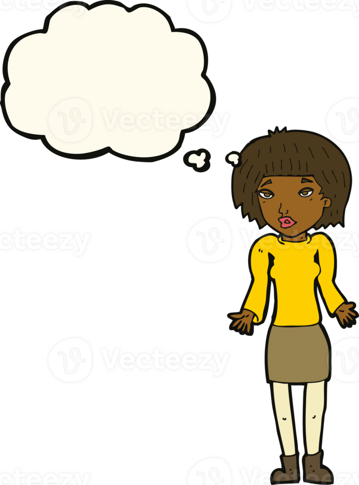 cartoon woman shrugging shoulders with thought bubble png