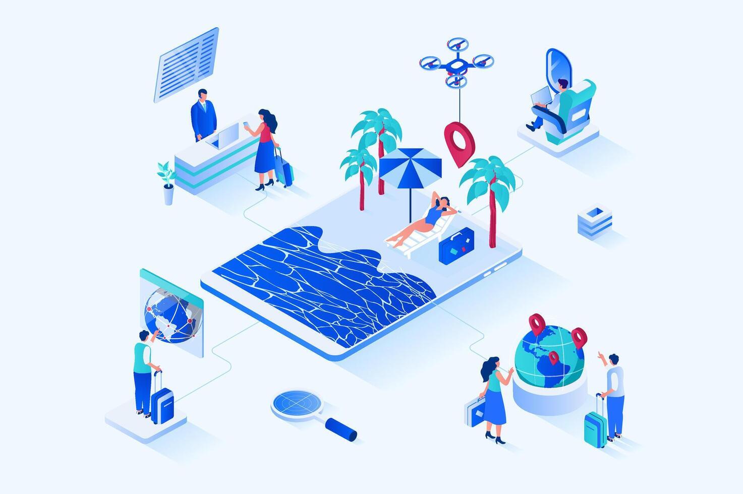Travel vacation 3d isometric web design. People choose direction for travel, go on vacation with luggage, fly by plane, check into hotel and relax on tropical island by ocean. web illustration vector