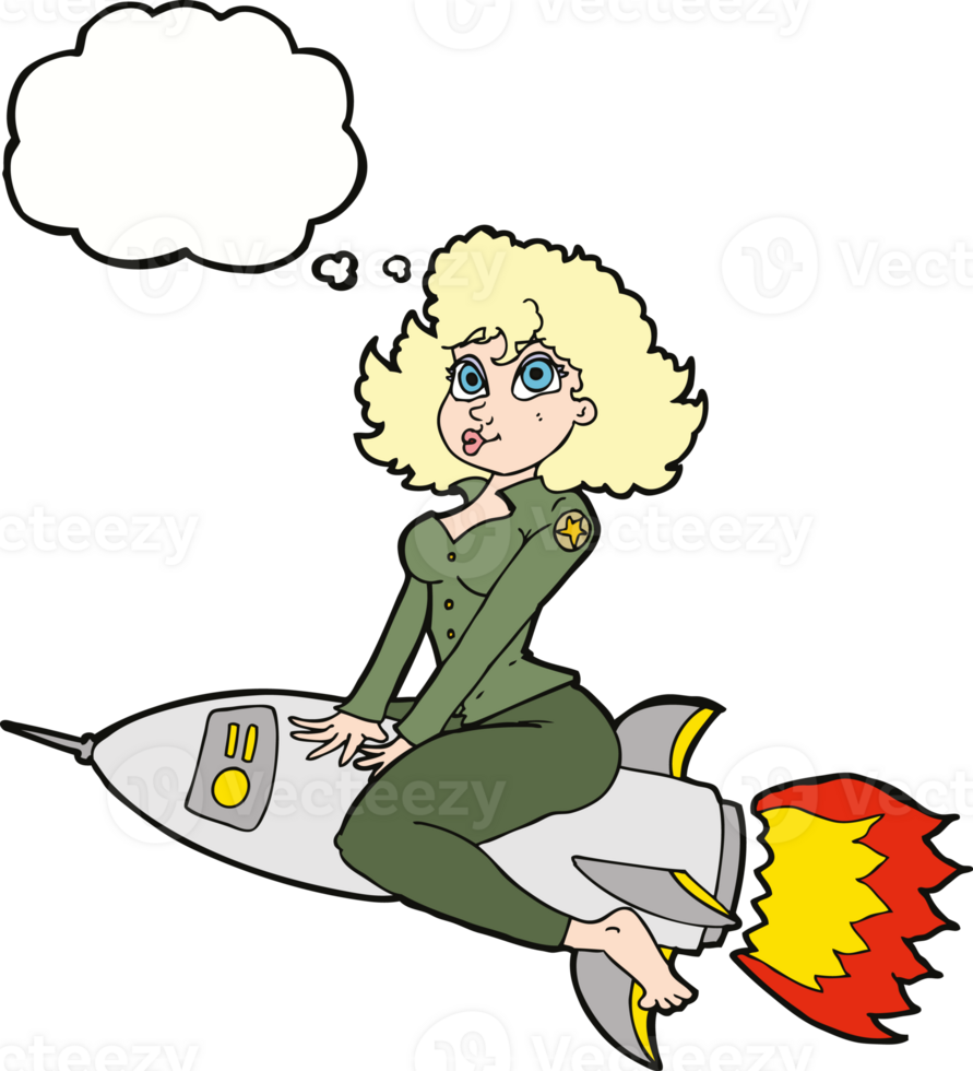 cartoon army pin up girl riding missile with thought bubble png