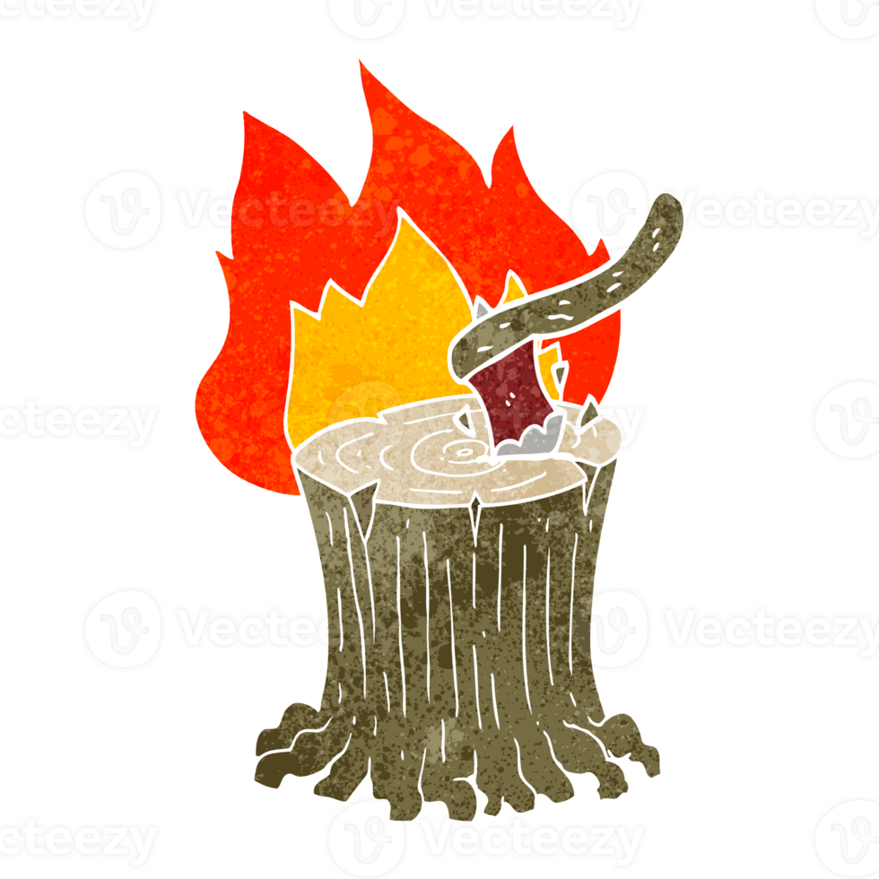 hand retro cartoon axe in a flaming tree stump png