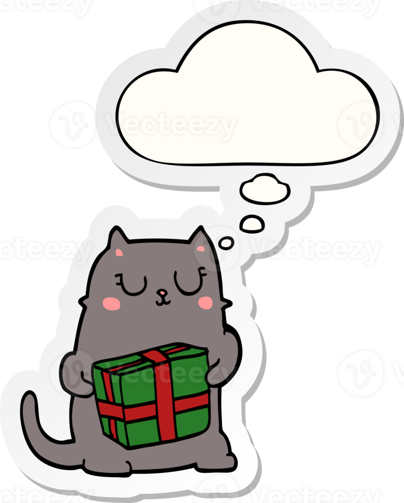 cartoon christmas cat with thought bubble as a printed sticker png