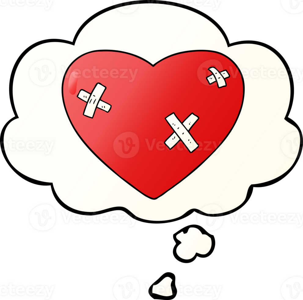cartoon beaten up heart with thought bubble in smooth gradient style png