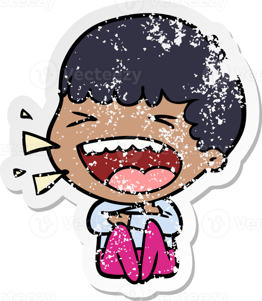distressed sticker of a cartoon laughing man png