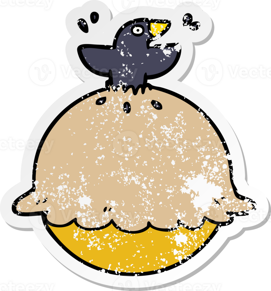 distressed sticker of a cartoon blackbird in a pie png