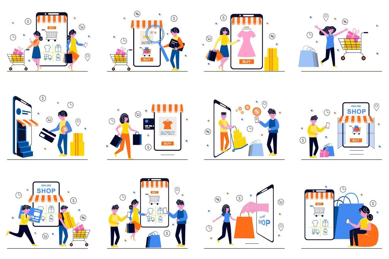 móvil compras concepto con minúsculo personas escenas conjunto en plano diseño. haz de hombres y mujer escoger y orden bienes en aplicación, pagar en línea desde teléfono inteligente, recibir descuentos ilustración para web vector