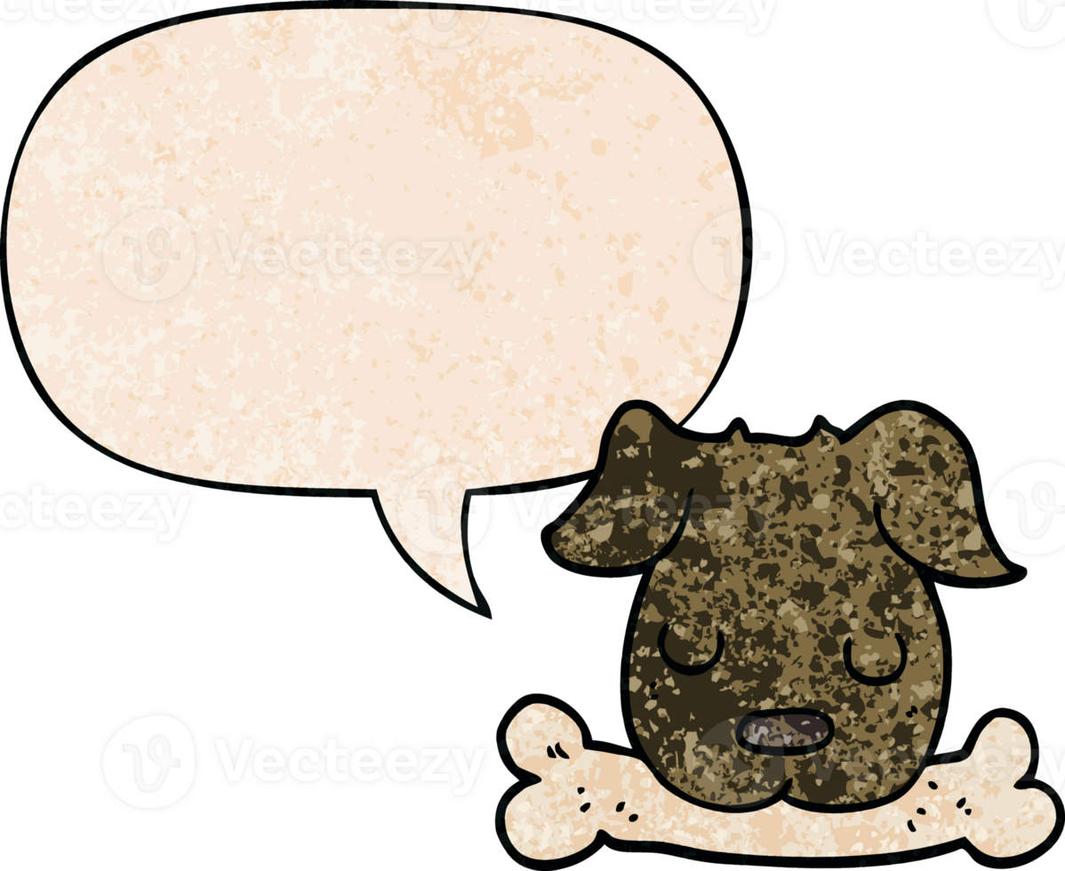 cartoon dog with bone with speech bubble in retro texture style png
