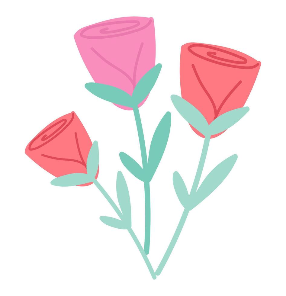 Roses bouquet in flat design. Decorative red and pink blooming flowers. illustration isolated. vector