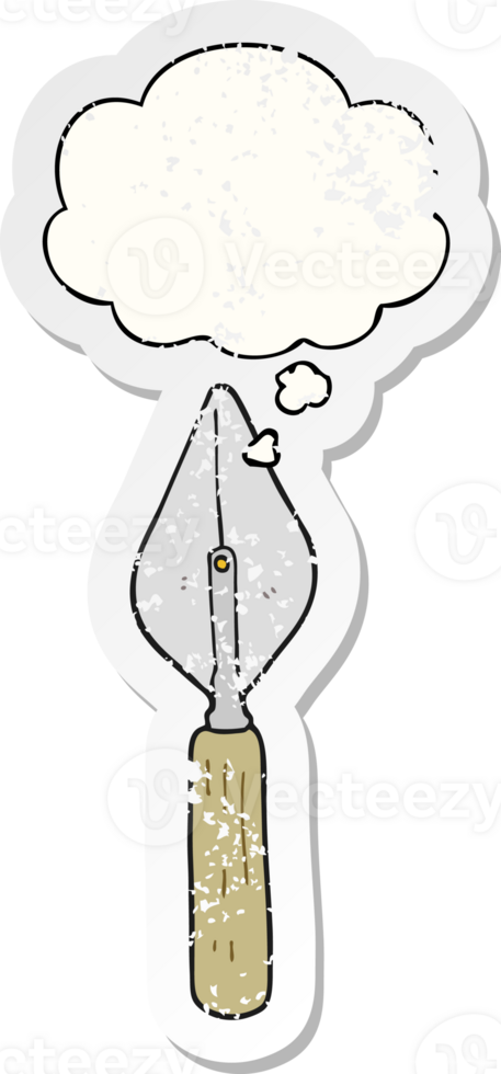 cartoon trowel with thought bubble as a distressed worn sticker png