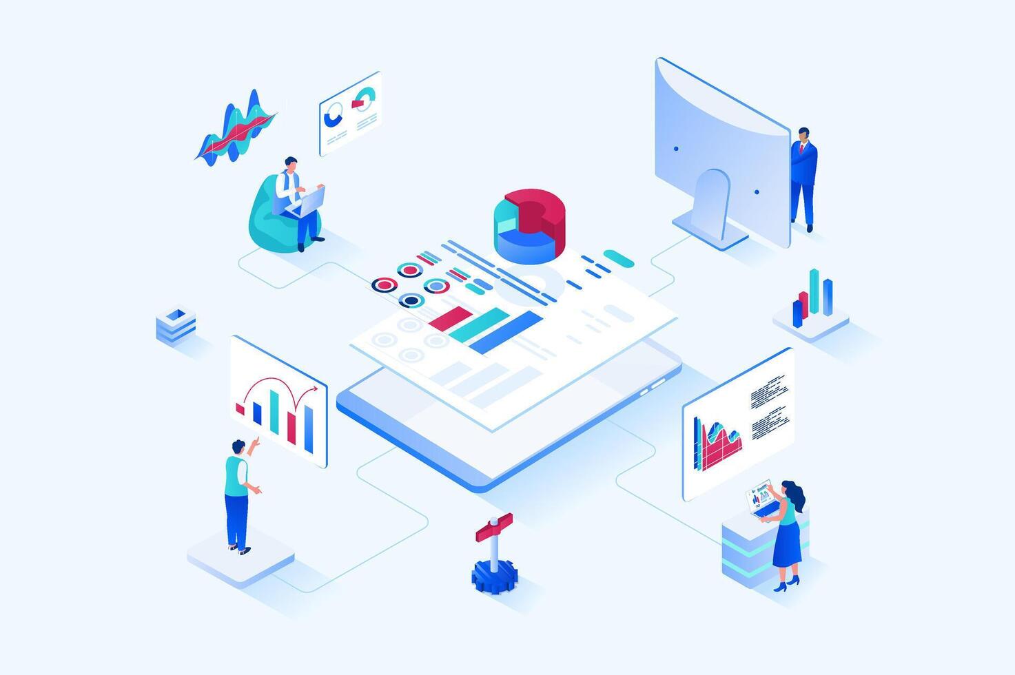 Data analysis 3d isometric web design. People work with charts, diagrams and graphs, make financial reports for company and business accounting, auditing and analytics. web illustration vector