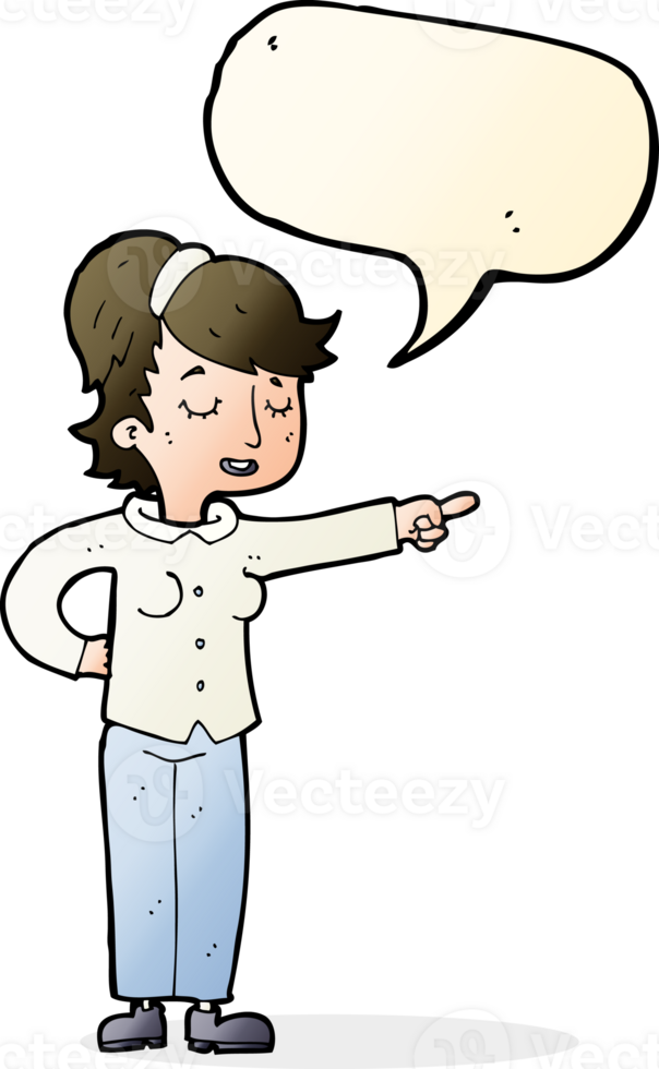 cartoon friendly woman pointing with speech bubble png