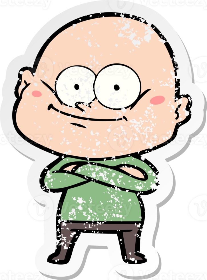 distressed sticker of a cartoon bald man staring png