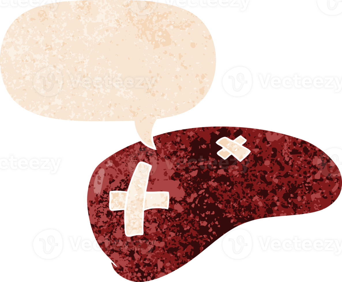cartoon repaired liver with speech bubble in grunge distressed retro textured style png