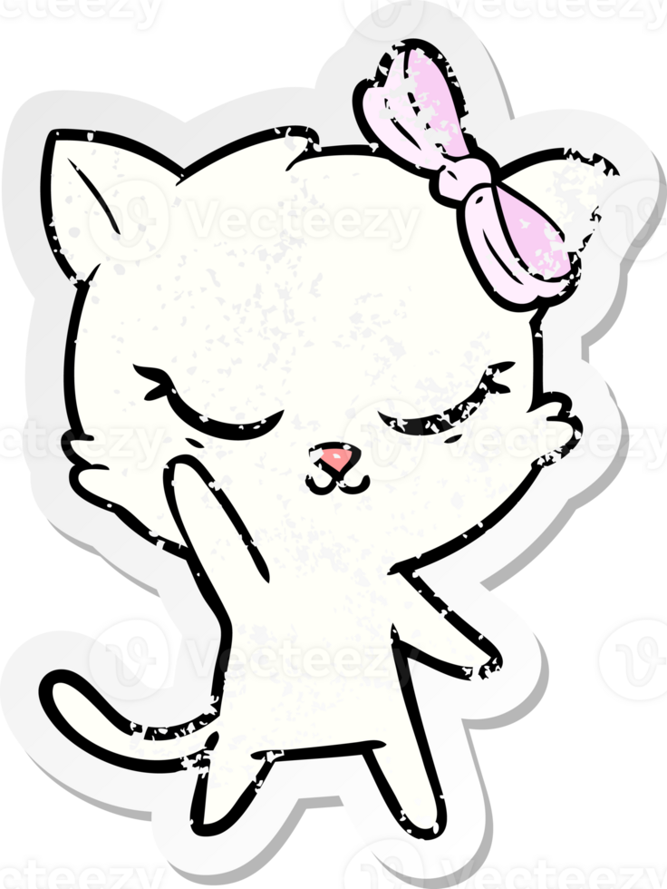 distressed sticker of a cute cartoon cat with bow png