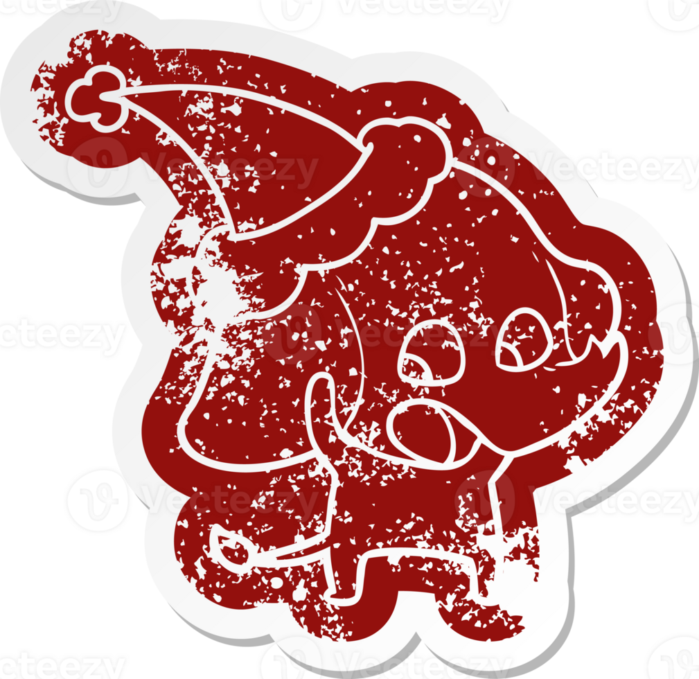 cute quirky cartoon distressed sticker of a elephant wearing santa hat png
