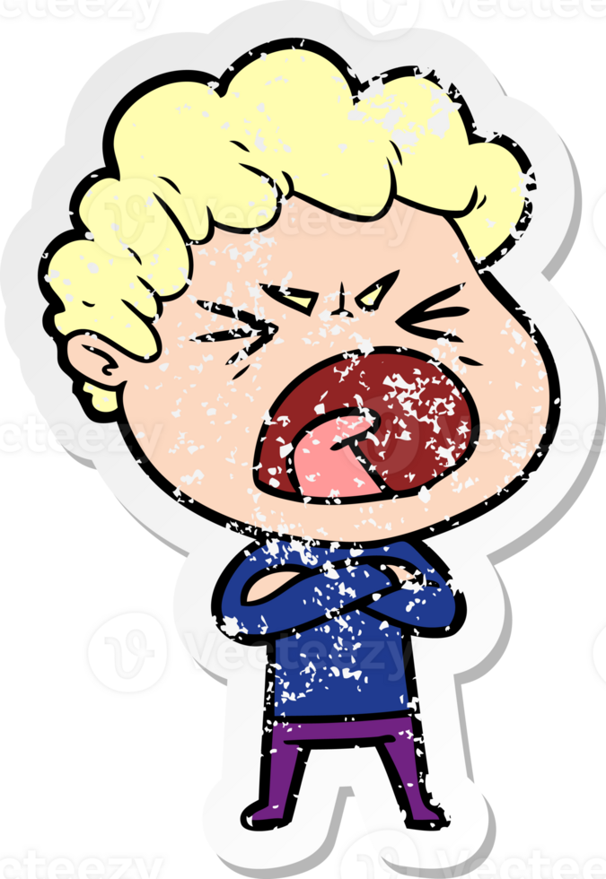 distressed sticker of a cartoon furious man png