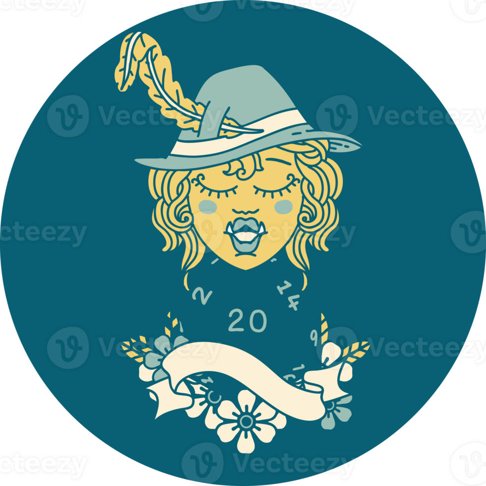 Retro Tattoo Style singing half orc bard character with natural twenty dice roll png