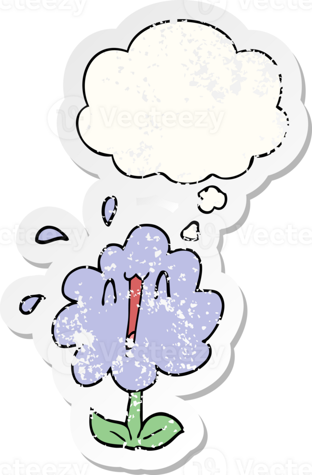 cartoon flower with thought bubble as a distressed worn sticker png