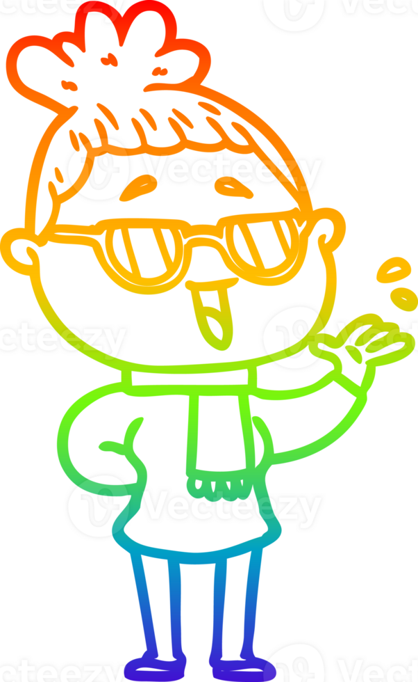 rainbow gradient line drawing of a cartoon happy woman wearing spectacles png