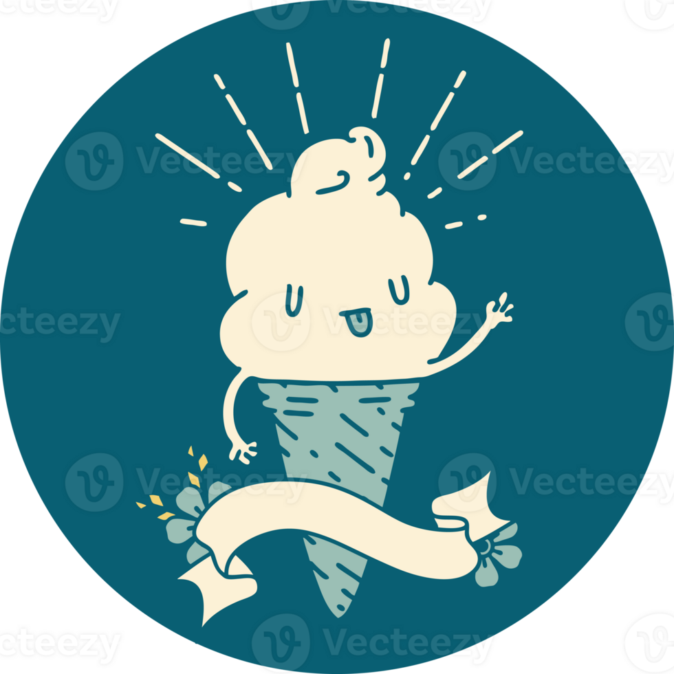 icon of a tattoo style ice cream character waving png