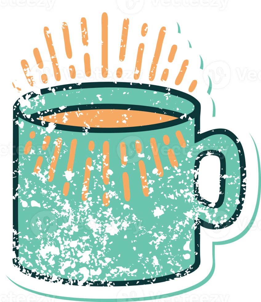 iconic distressed sticker tattoo style image of cup of coffee png