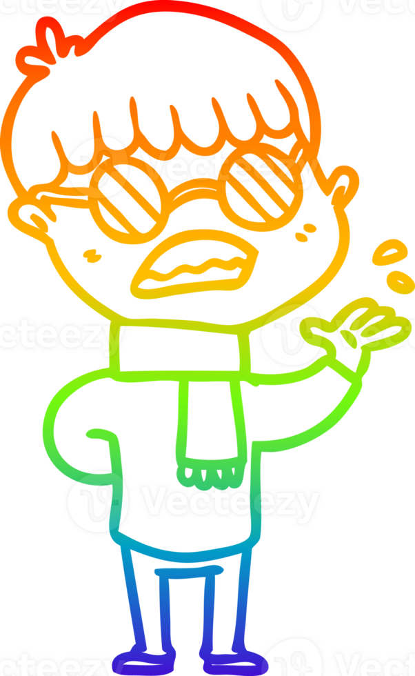 rainbow gradient line drawing of a cartoon boy wearing spectacles png
