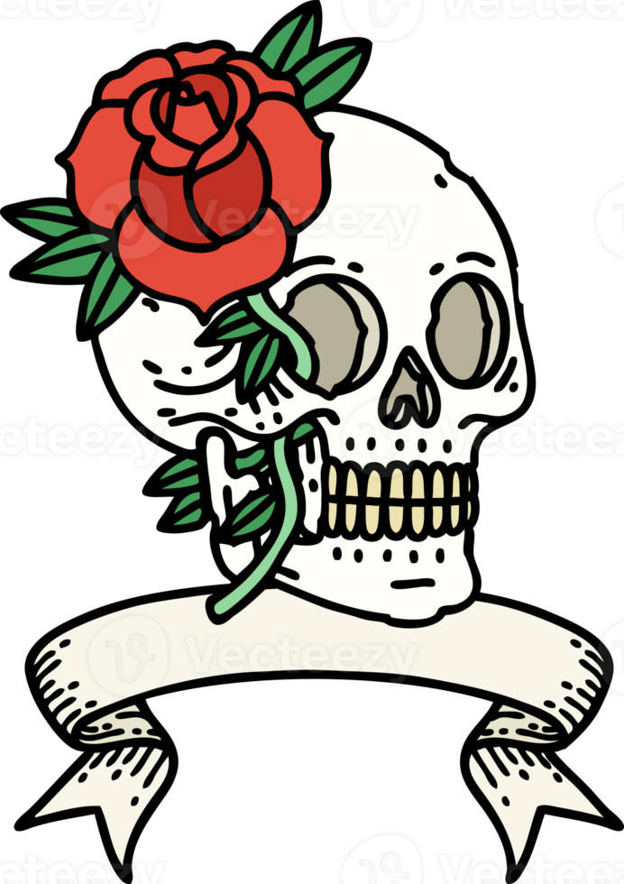 traditional tattoo with banner of a skull and rose png