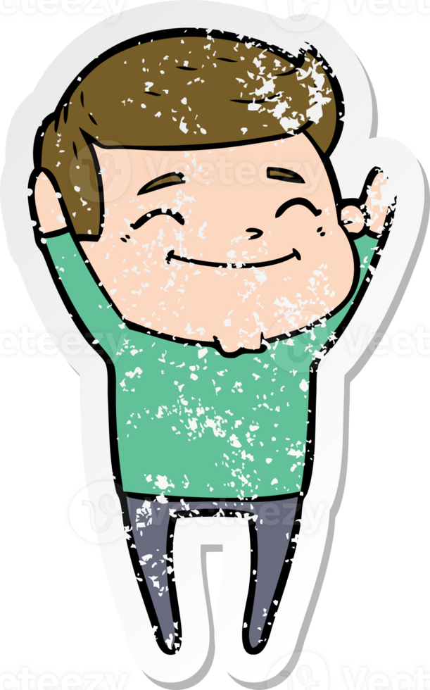 distressed sticker of a happy cartoon man png