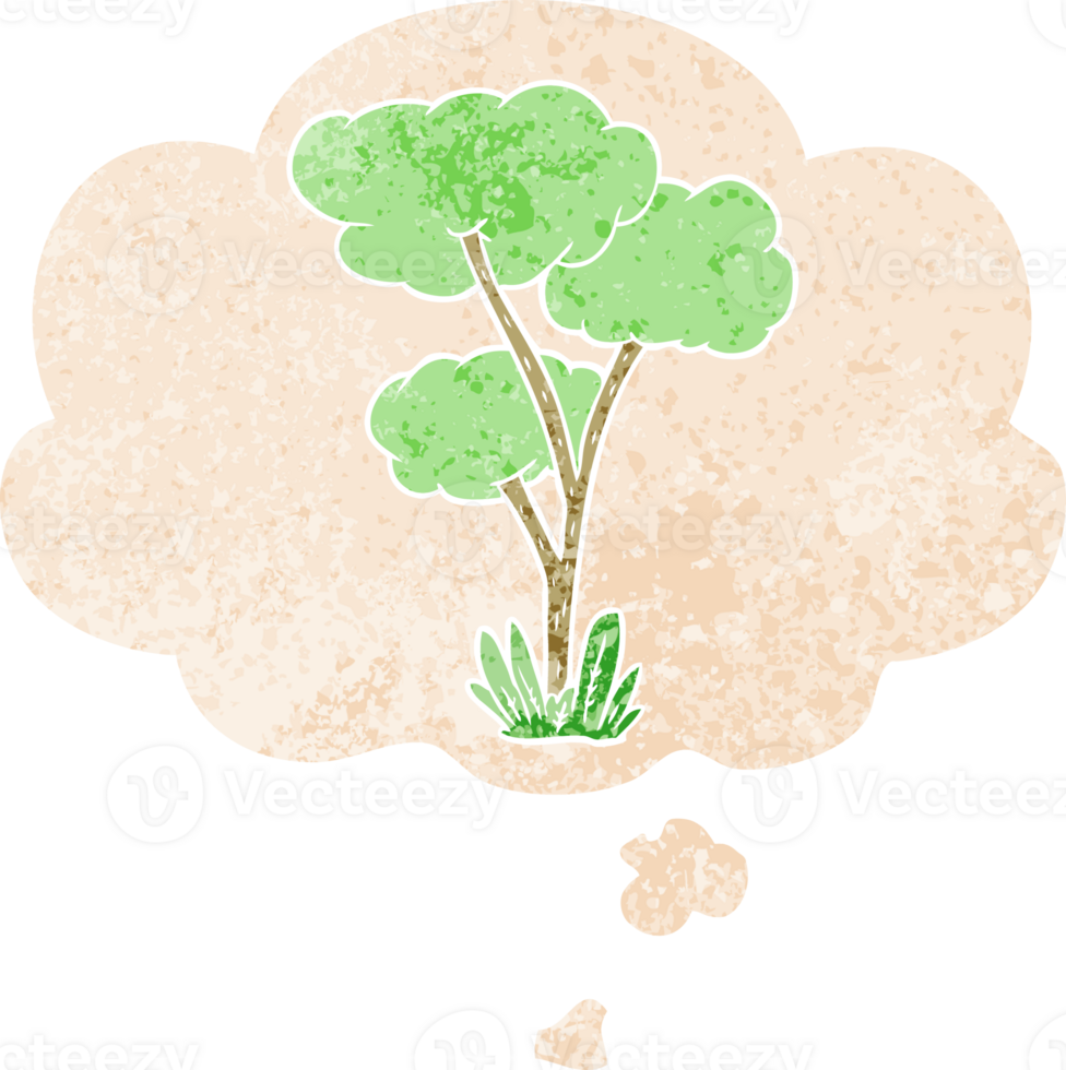 cartoon tree with thought bubble in grunge distressed retro textured style png