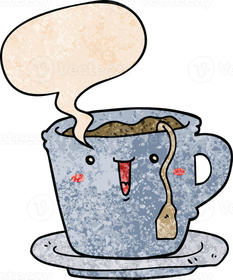 cute cartoon cup and saucer with speech bubble in retro texture style png