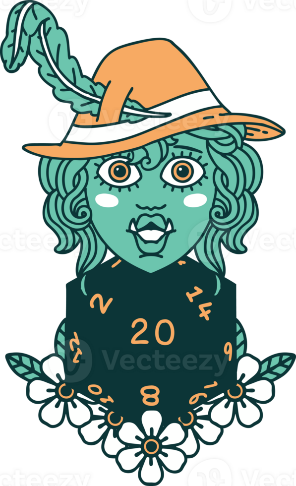 Retro Tattoo Style half orc bard with natural twenty dice roll png