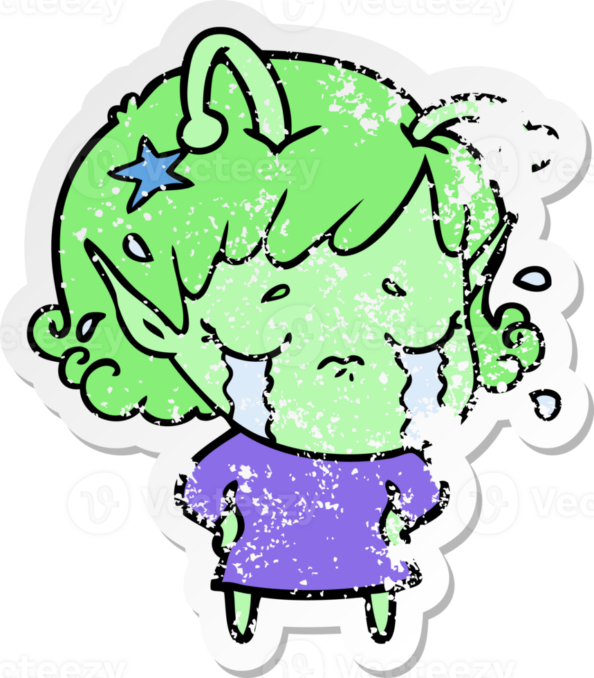 distressed sticker of a cartoon crying alien girl png