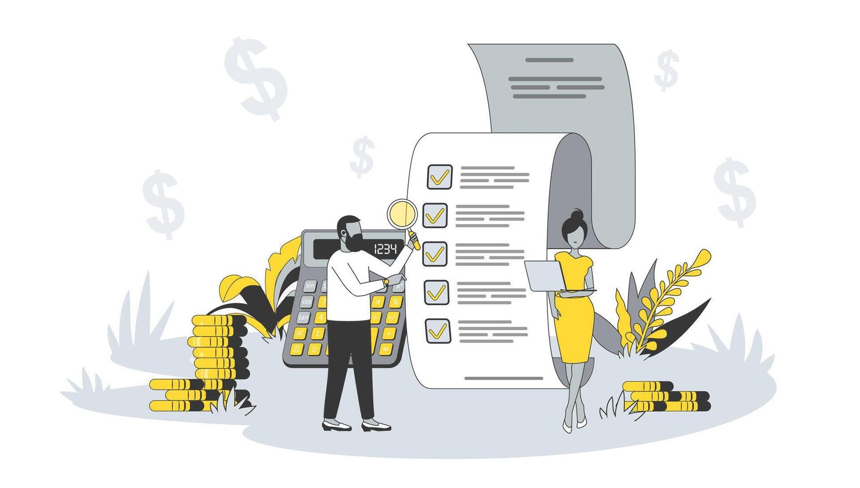 Accounting concept in flat design with people. Man and woman calculating financial data, analyzing and manage balance, consulting and auditing. illustration with character scene for web banner vector