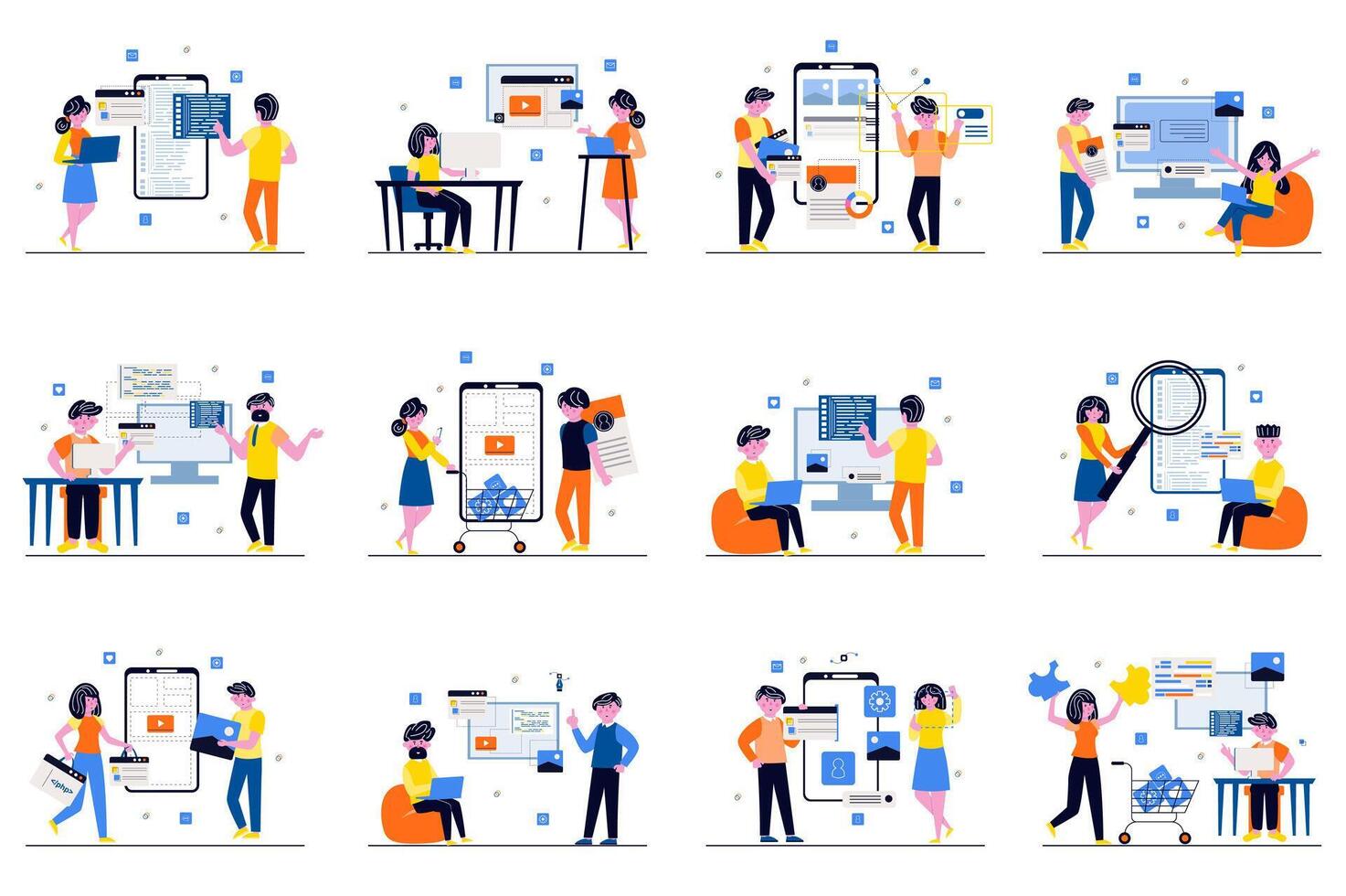 App development concept with tiny people scenes set in flat design. Bundle of men and women developers creating interfaces layouts, coding and optimization for devices. illustration for web vector