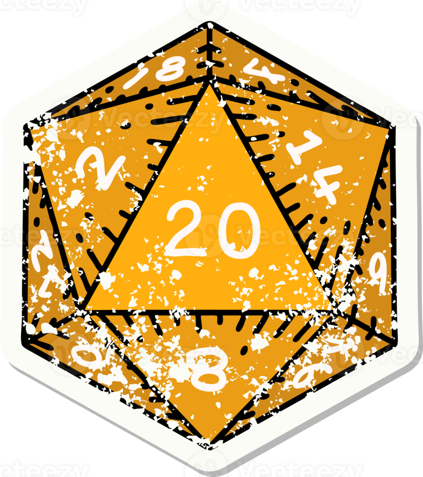 grunge sticker of a natural 20 D20 dice roll png