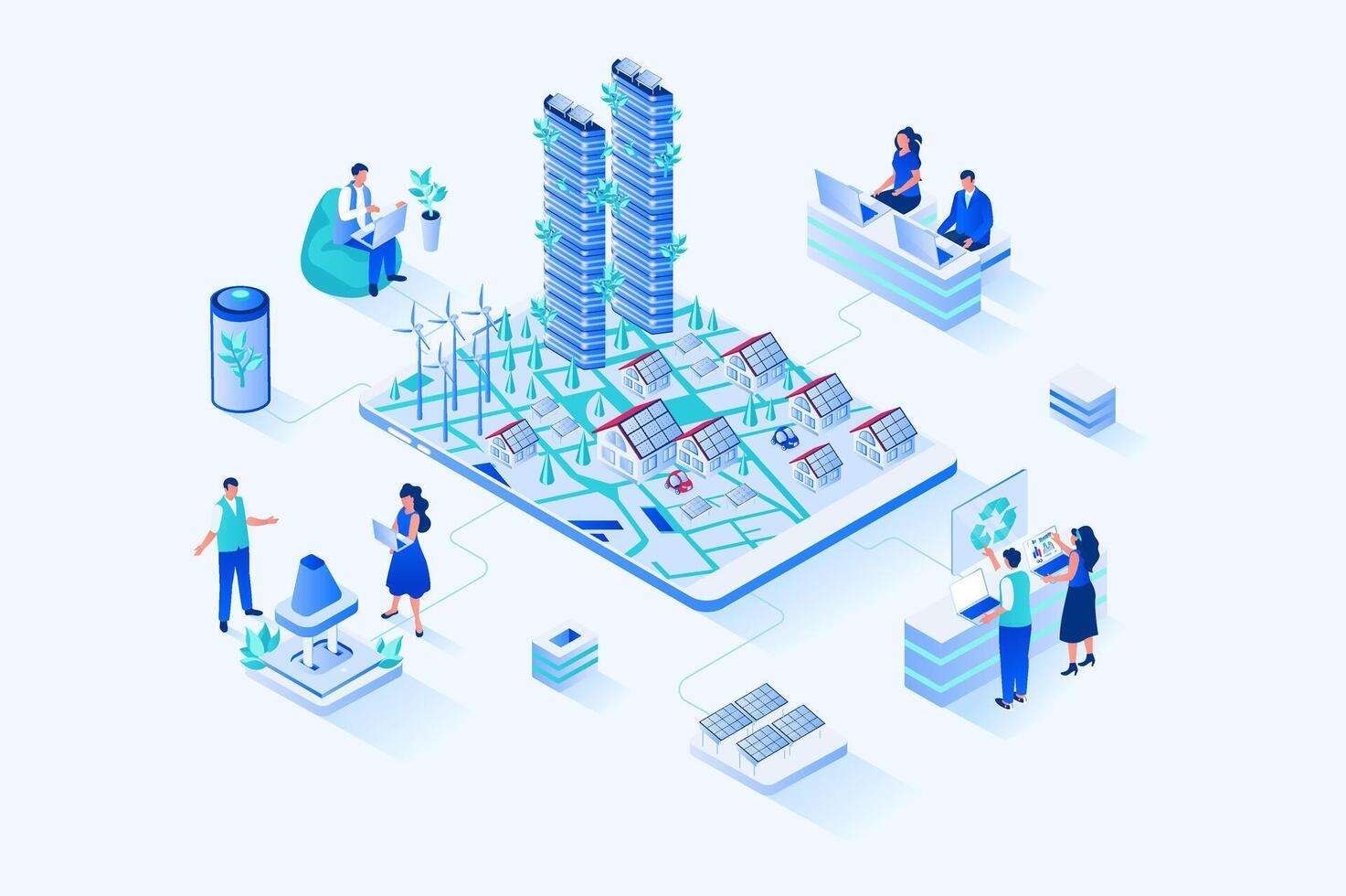 verde ciudad 3d isométrica web diseño. personas utilizar alternativa energía fuentes y Respetuoso del medio ambiente infraestructura, solar paneles y molinos de viento trabajando cerca casas y rascacielos web ilustración vector