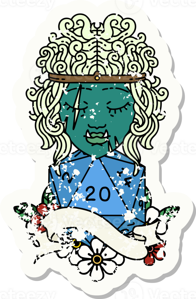 Retro Tattoo Style half orc barbarian character with natural twenty dice roll png