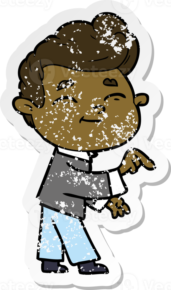 distressed sticker of a happy cartoon man pointing png