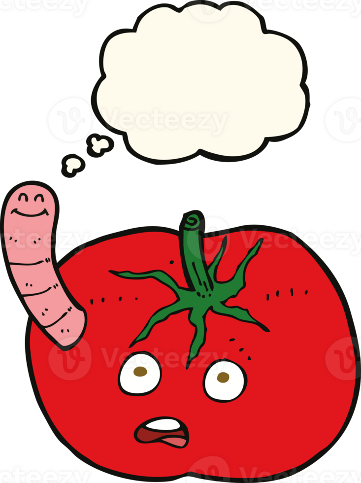 cartoon tomato with worm with thought bubble png