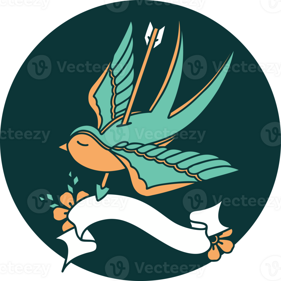 tattoo style icon with banner of a swallow pierced by arrow png