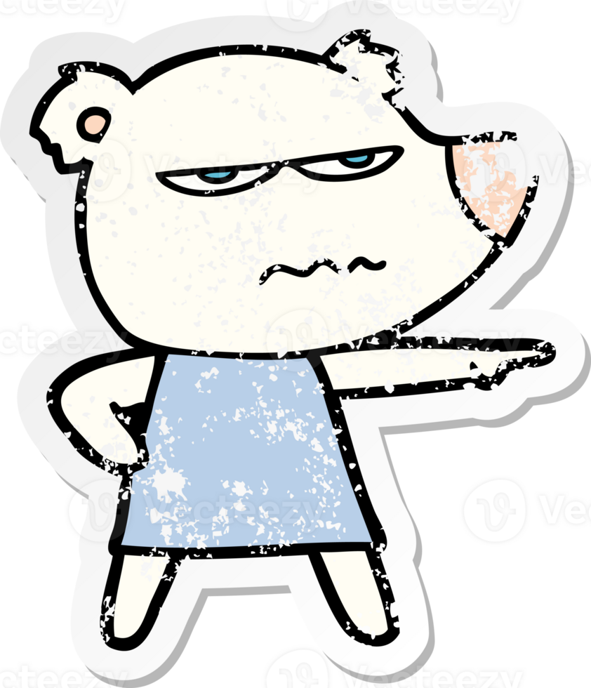 distressed sticker of a cartoon angry bear polar girl pointing png