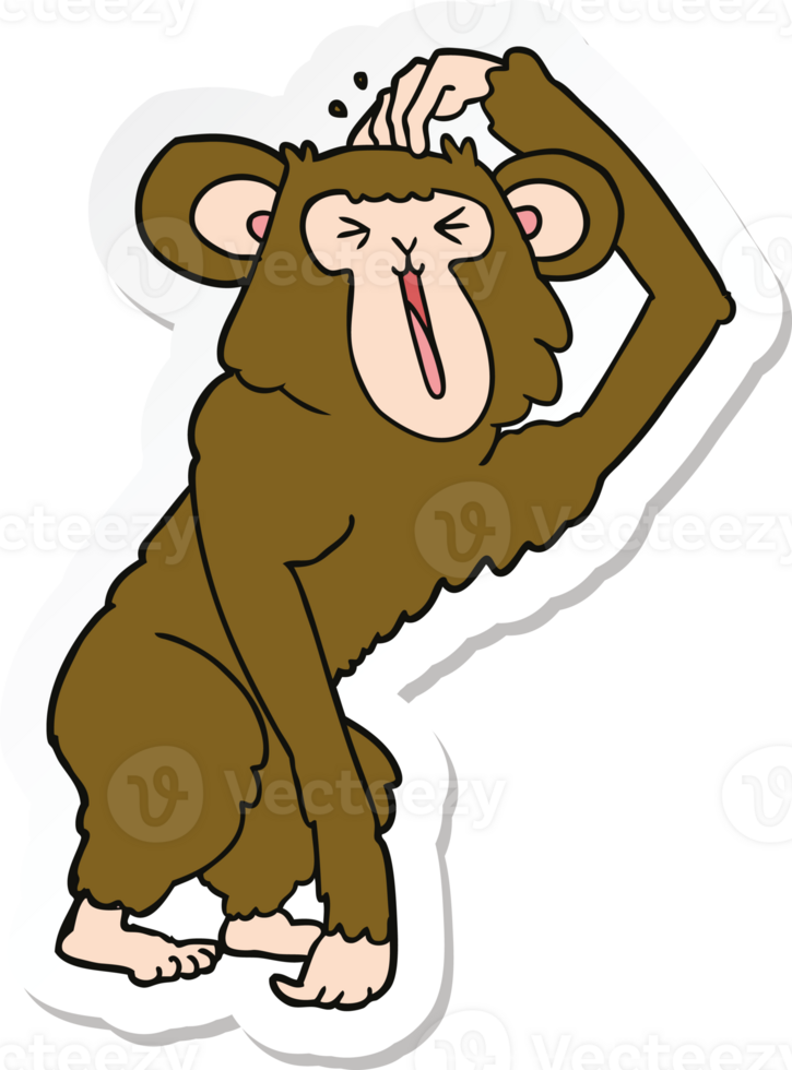 sticker of a cartoon chimp scratching head png