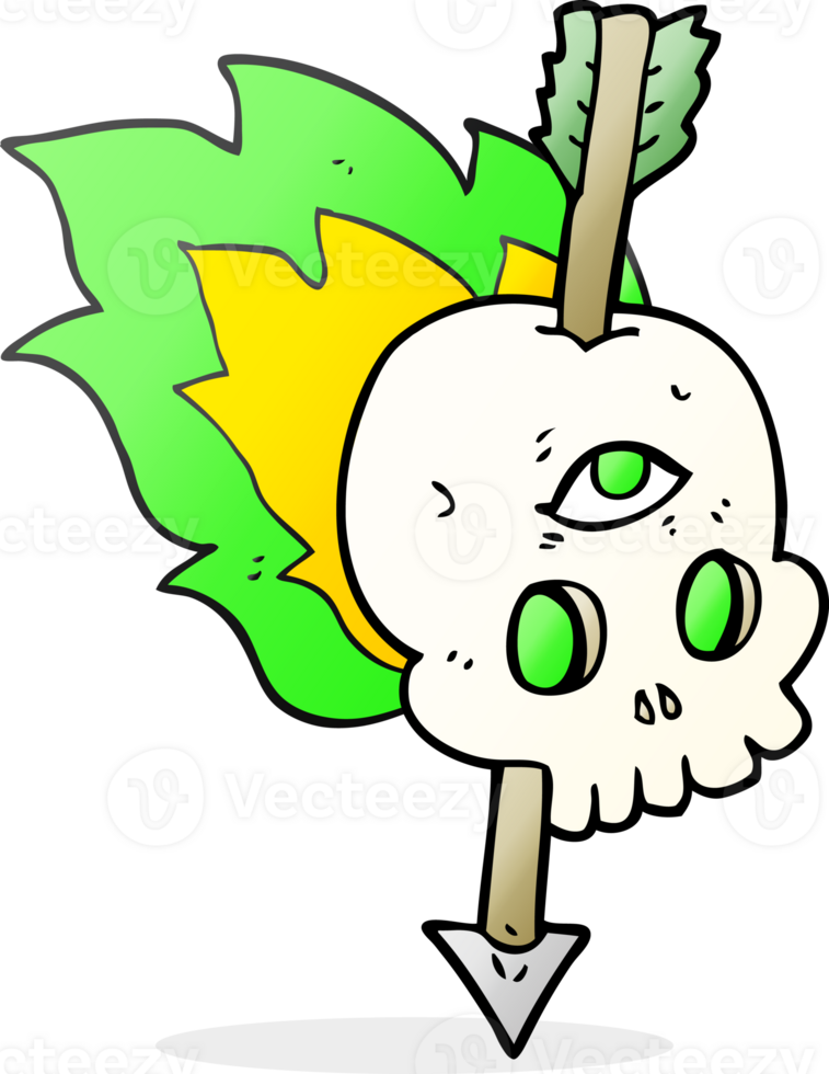 hand drawn cartoon magic skull with arrow through brain png