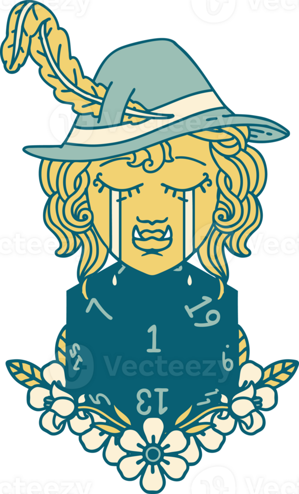 Retro Tattoo Style sad half orc bard character with natural one d20 roll png